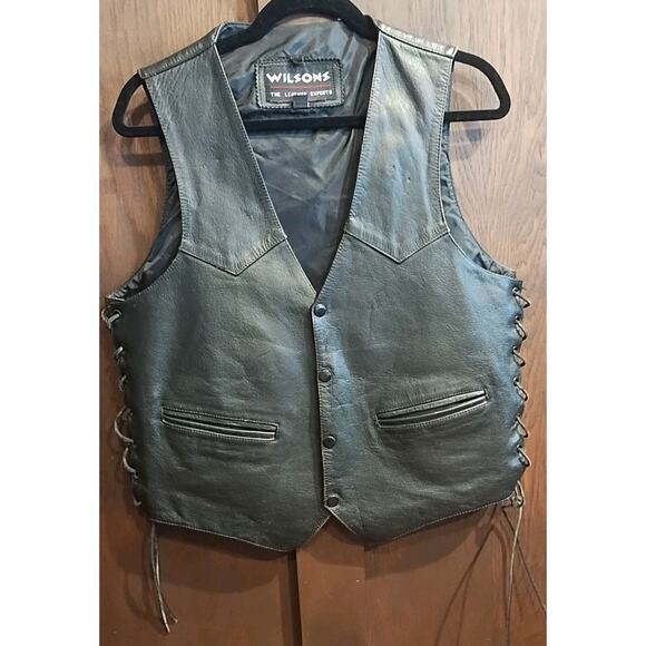 Wilson Leather Vest Mens Size Medium Motorcycle Snap Front Black Biker Lace Up - Picture 2 of 10